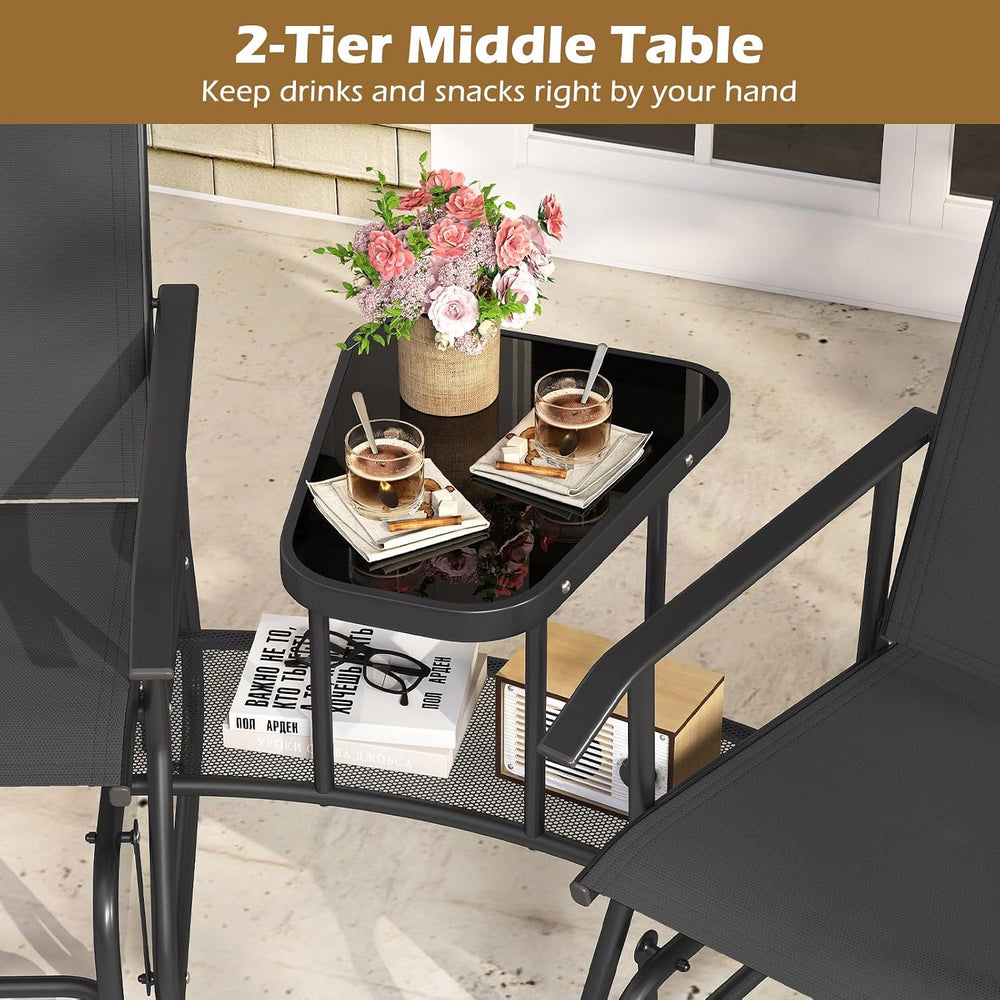 Tangkula 2-Seater Outdoor Glider Bench with 2-Tier Center Table (Black)