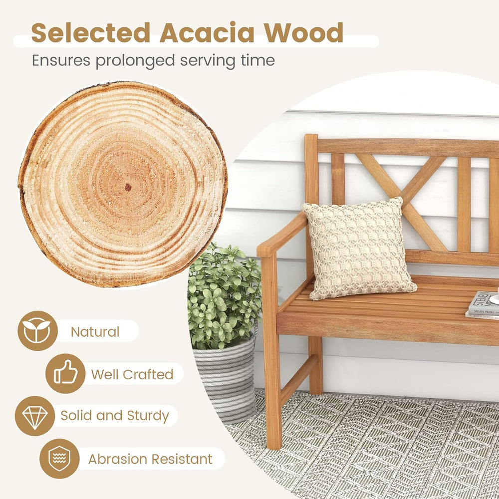 Tangkula Patio Acacia Wood Bench, 2-Person Outdoor Loveseat Chair, Cozy Armre...