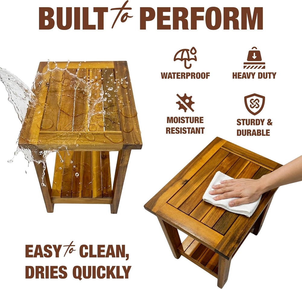 Outdoor Patio Side & End Table, Nightstand, Acacia Wood, 16.5 in, 2-Tier