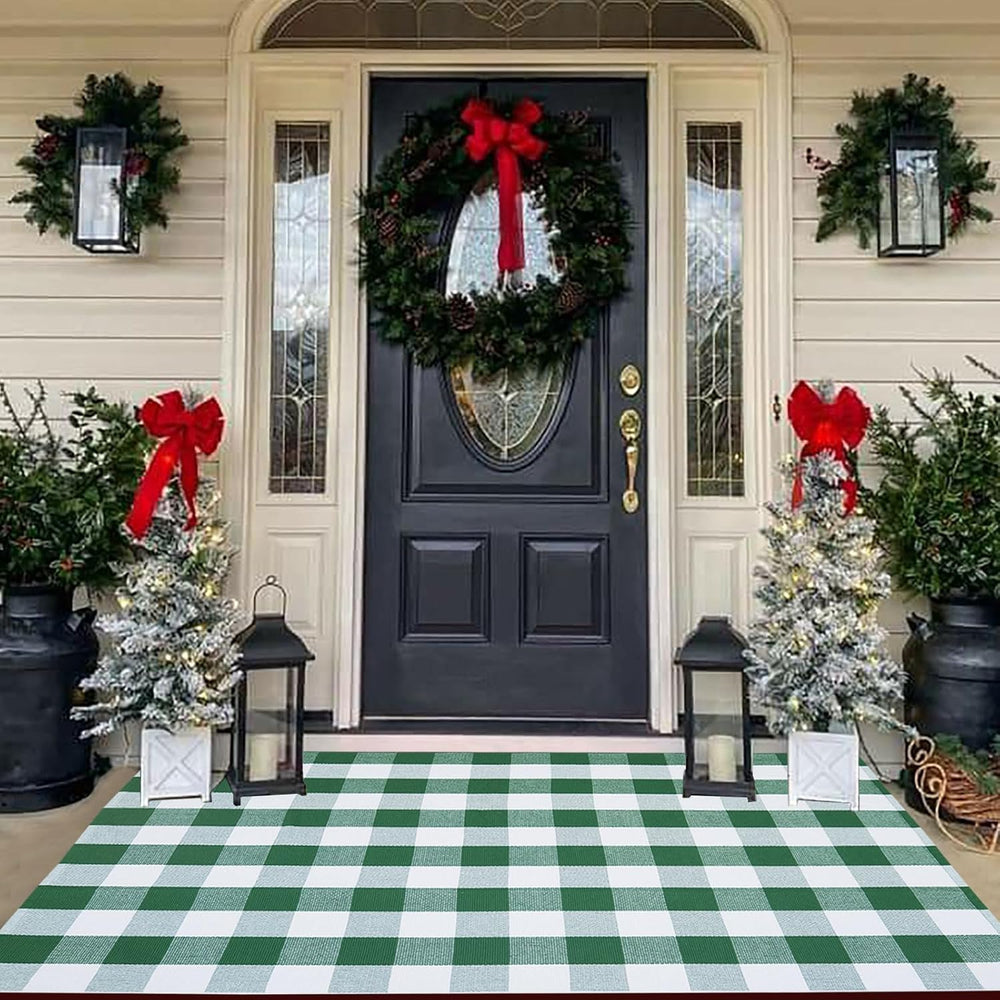 Green and White Buffalo Plaid Outdoor Rug Spring Door Mat Layering Rug Welcom...