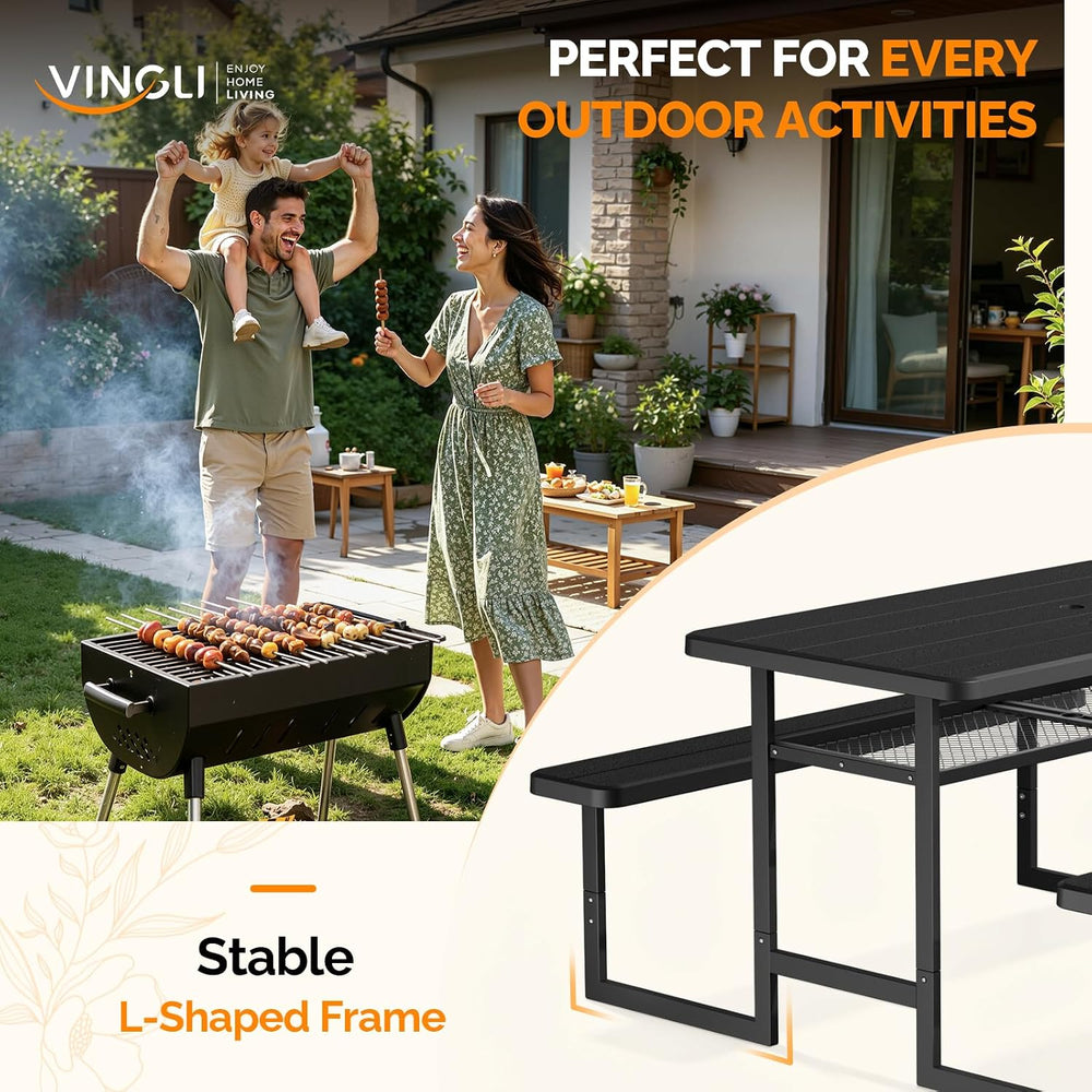 VINGLI 4.5FT Outdoor Picnic Table with Storage Shelf & Umbrella Hole, All...