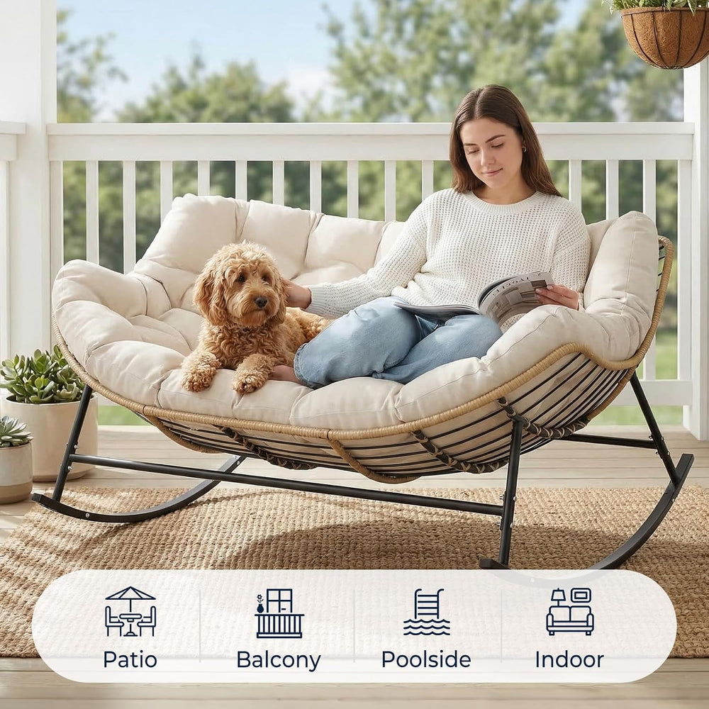 SWITTE Double Outdoor Papasan Rocking Chair with Thick Cushion, Khaki