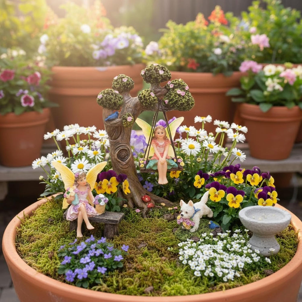 Fairies for Fairy Garden - 4 Piece Set with Tree Swing | Hand-painted resin; ...