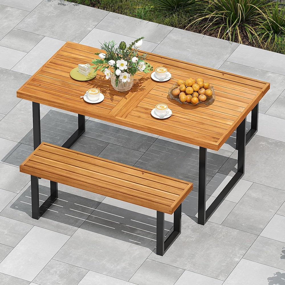 HAPPYGRILL Acacia Wood Bench for 2 People, Outdoor Dining Bench with Metal Le...