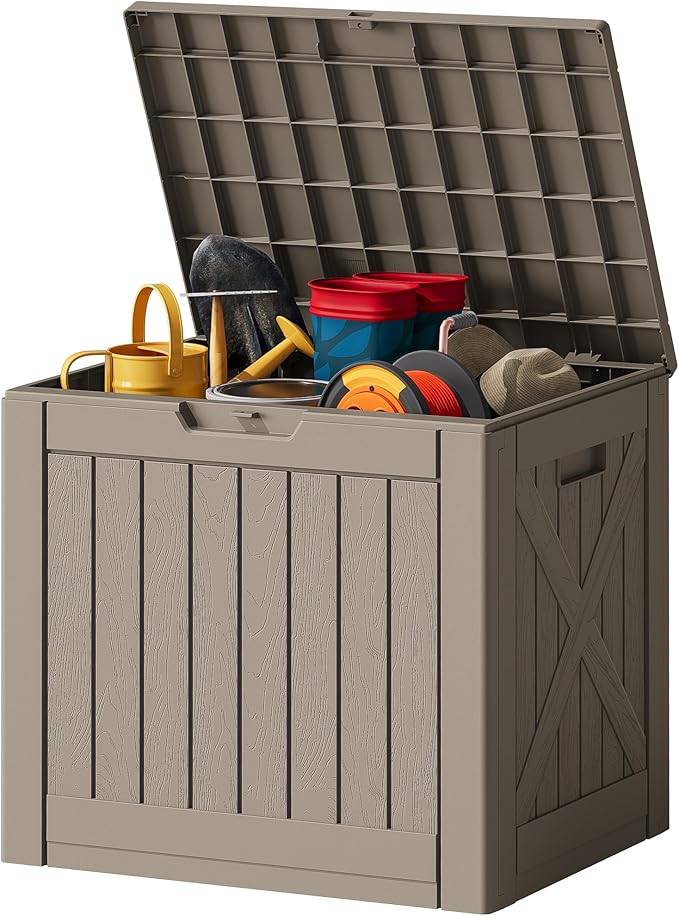JUMMICO 42 Gallon Deck Box Waterproof, Resin Outdoor Storage Box with Side Ha...