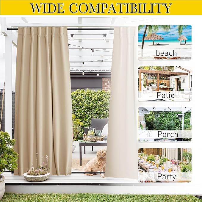 NICETOWN 2 Panels Outdoor Curtains for Patio Waterproof & Windproof, Pock...