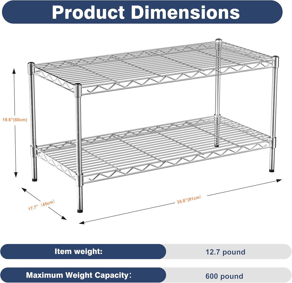 2-Tier Heavy Duty Metal Shelving Unit,Wire Shelf Rack with Lockable Wheels