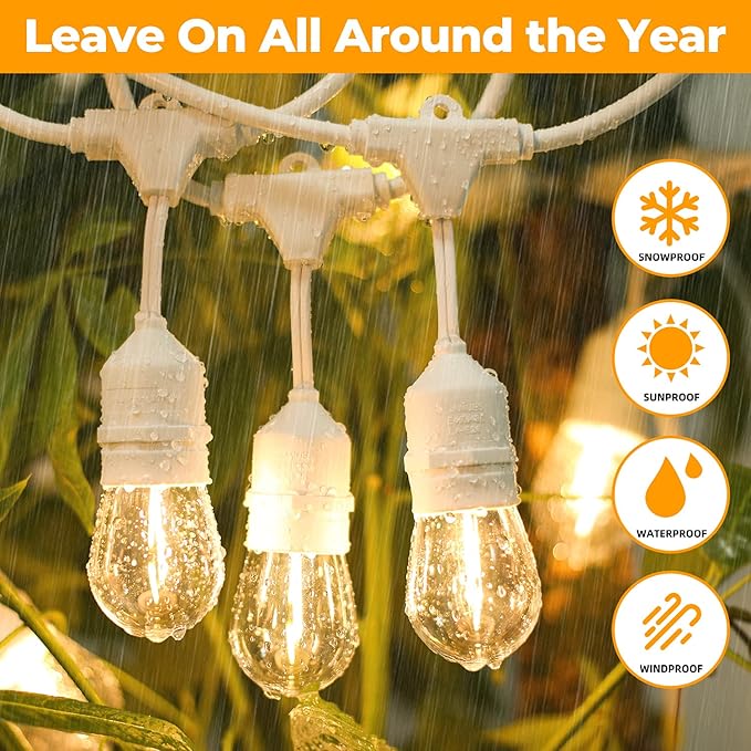 96FT(48×2) Outdoor String Lights, Commercial Grade Heavy Duty White Wire Pati...