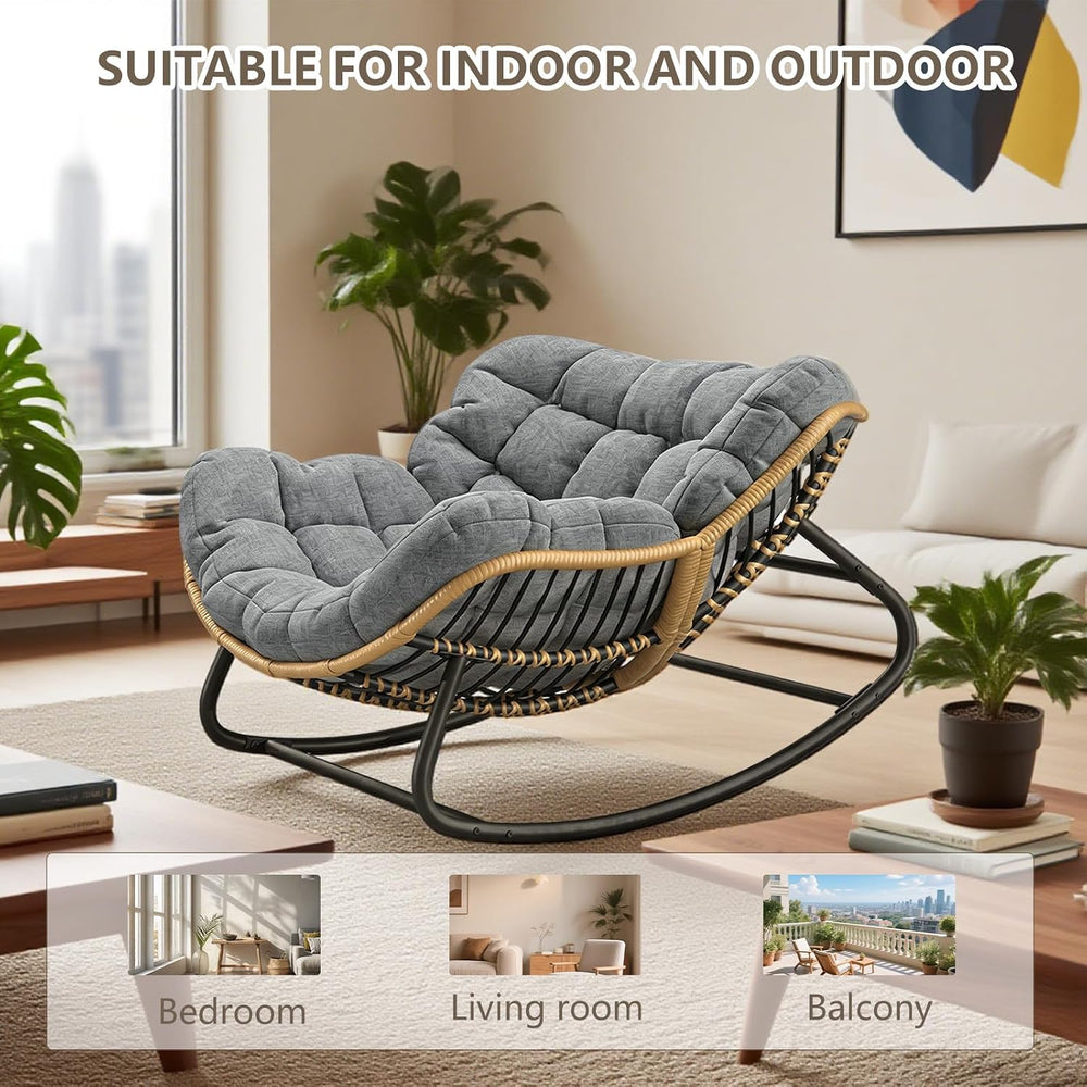 Oversized Papasan Rocking Chair with Extra Thick Cushion, Rattan Wicker Egg C...