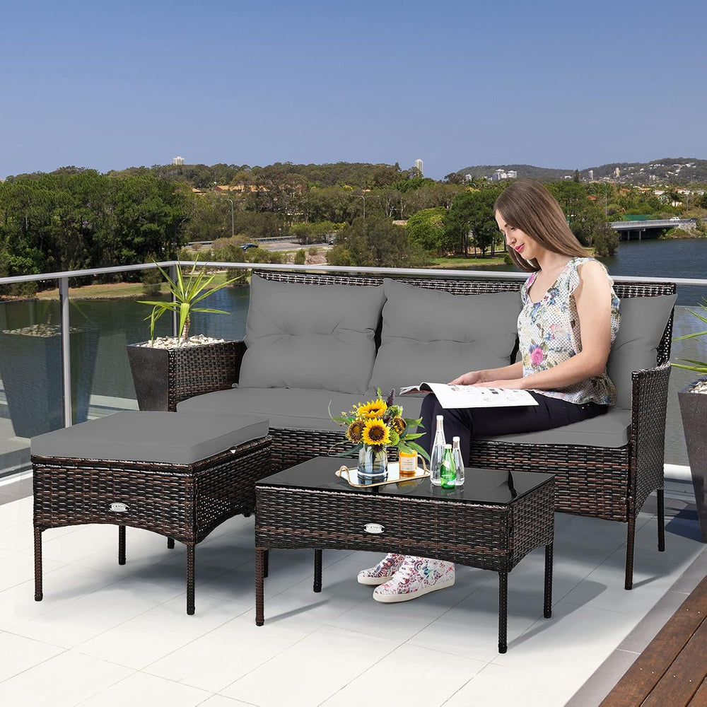 Tangkula 3 Pieces Patio Conversation Set, All Weather Outdoor PE Rattan Wicke...