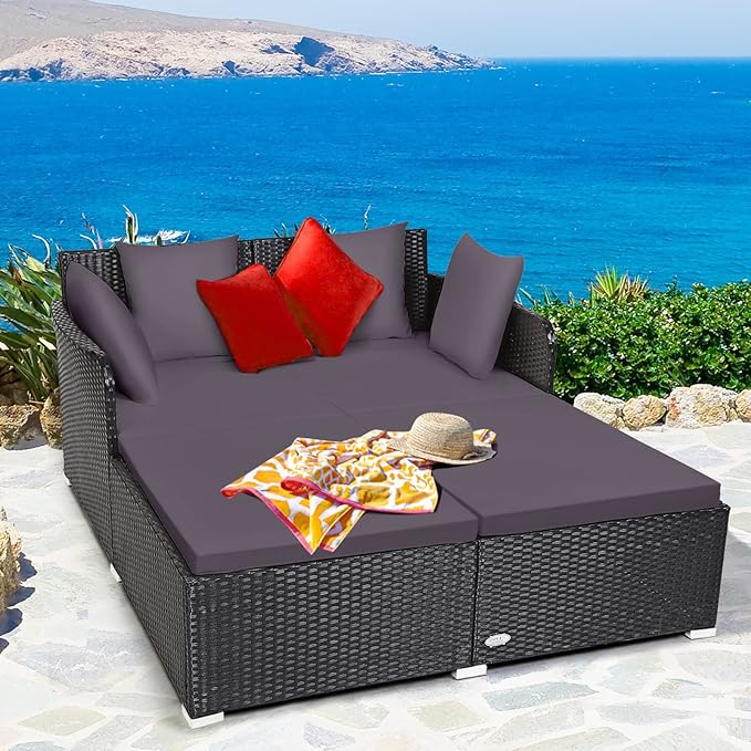 COSTWAY Outdoor Patio Rattan Daybed, Sponge Cushioned Loveseat Sofa with 4 Pi...