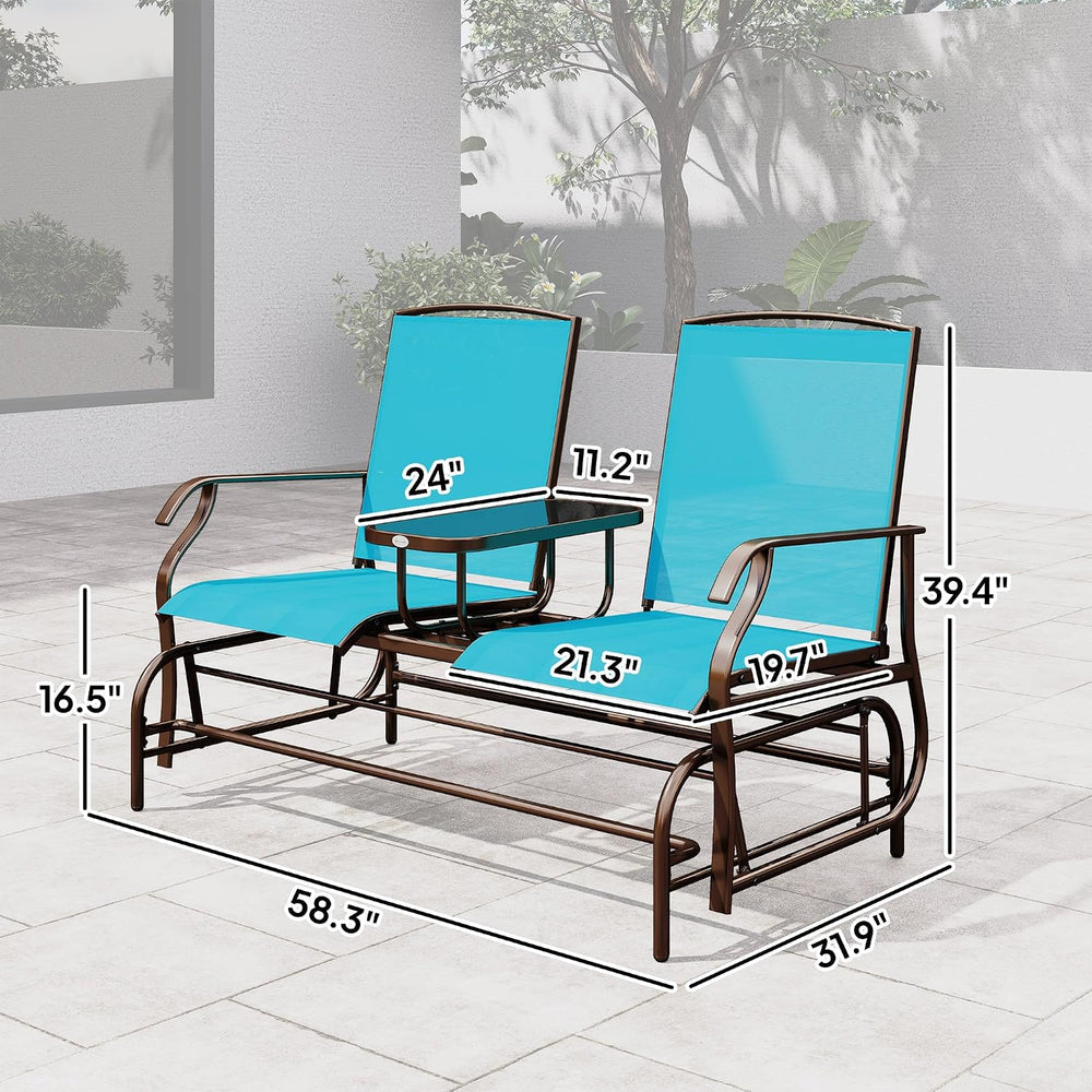 Outsunny Outdoor Glider Bench with Center Table Metal Frame Armrests Blue