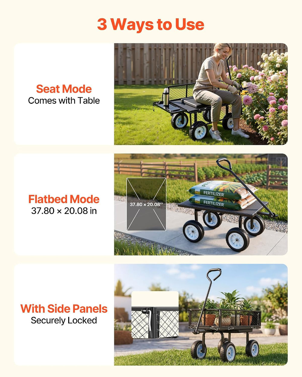 VEVOR 500 LBS Steel Garden Cart with Work Seat, Heavy Duty Garden Wagon Cart ...