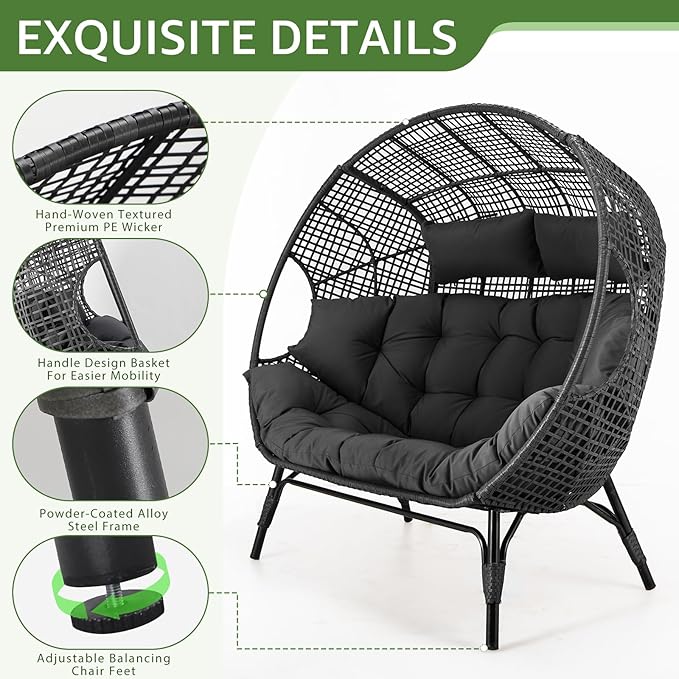 NICESOUL Indoor Outdoor Double Egg Chair with Footrest Padded Cushion, Oversi...