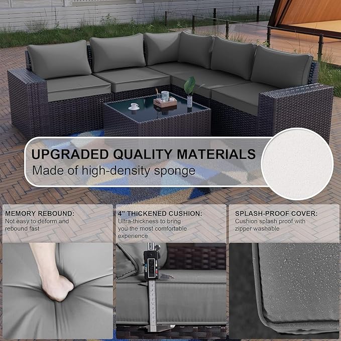 Kullavik 6PCS Outdoor Patio Furniture Set PE Wicker Rattan Sectional Sofa Pat...