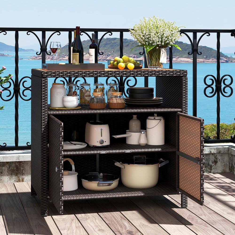 Rattan Storage Cabinet, Outdoor & Indoor Sideboards with Acacia Wood Coun...