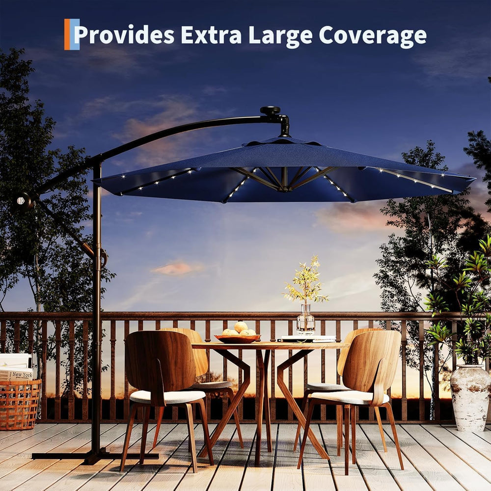 Garvee 10FT Solar Lights Offset Patio Umbrella with Cross Base, Navy Blue