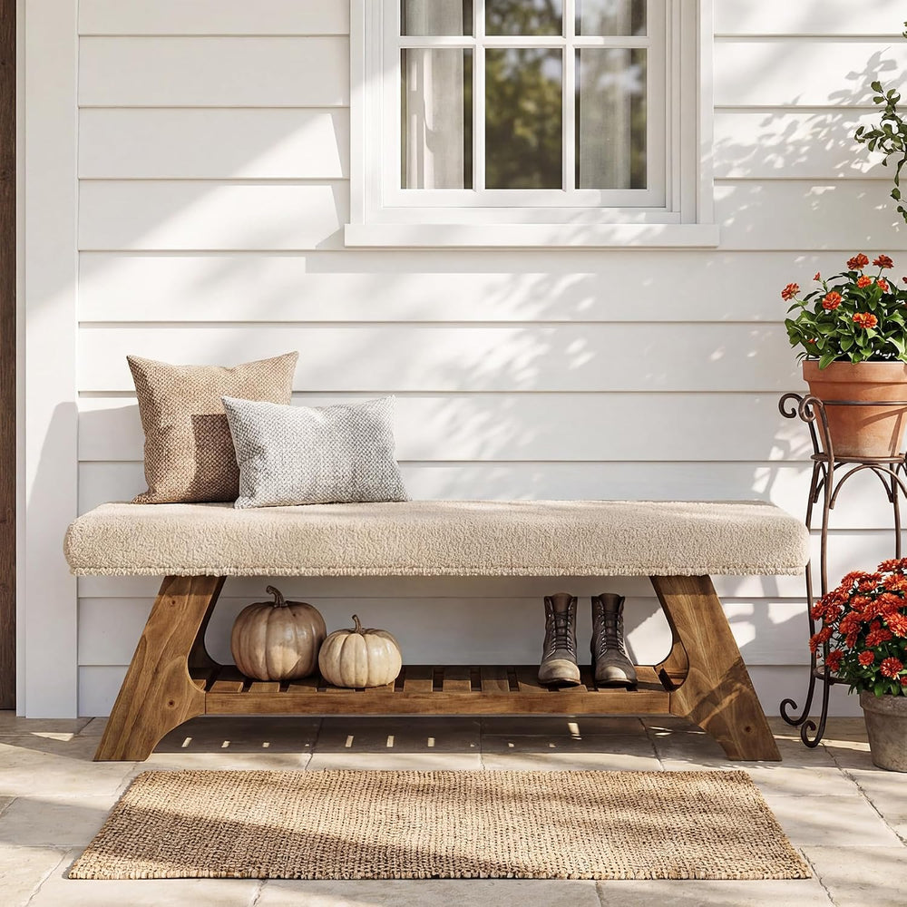 Tribesigns 55" Solid Wood Bench with Cushion, Upholstered Entryway Bench
