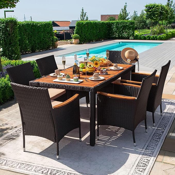 Devoko Dining 7 PCS Furniture, Patio Conversation Set with Acacia Wood Table ...