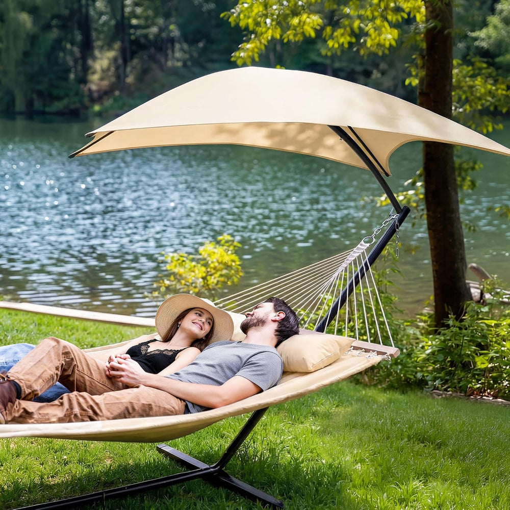 Portable Outdoor Hammock with Stand, Sun-Protective Canopy, Beige