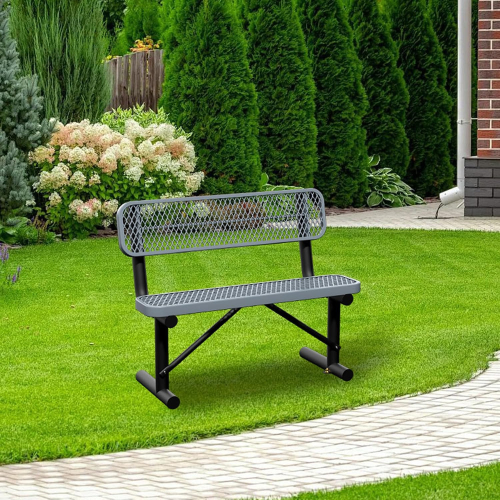 4ft Gray Metal Park Bench with Backrest, Heavy Duty Outdoor Benches Weatherpr...