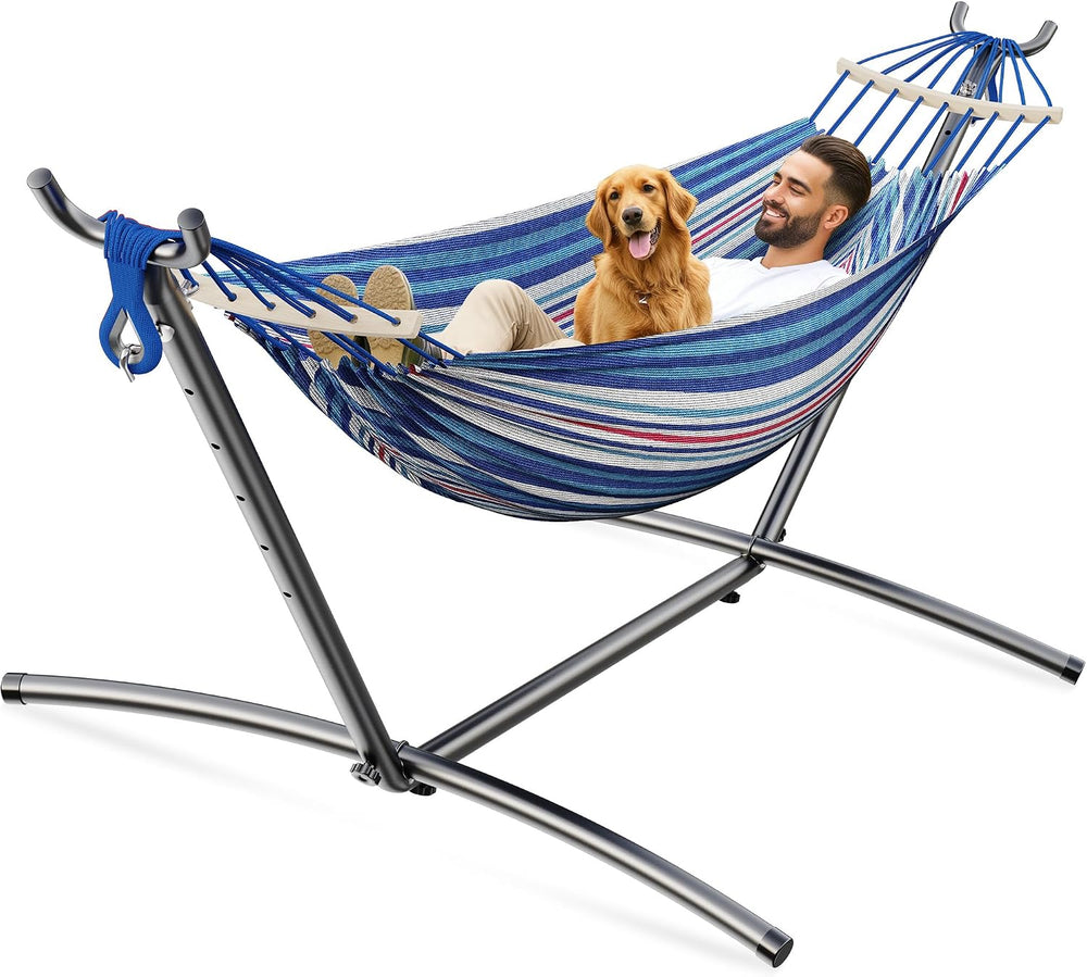 ANAGOO 2 Person Hammock with Stand, 500 lb Indoor Outdoor, Fine Blue