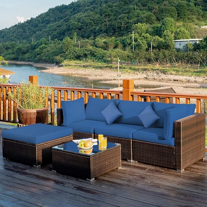 Tangkula 5 Pieces Patio Rattan Furniture Set, Outdoor Sectional Rattan Sofa S...