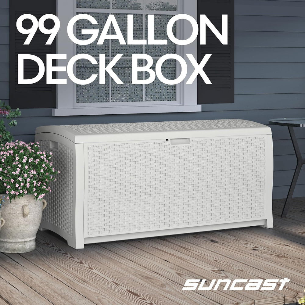 Suncast 99 Gallon Wicker Horizontal Outdoor Deck Box with Hinged Lid, Water-R...