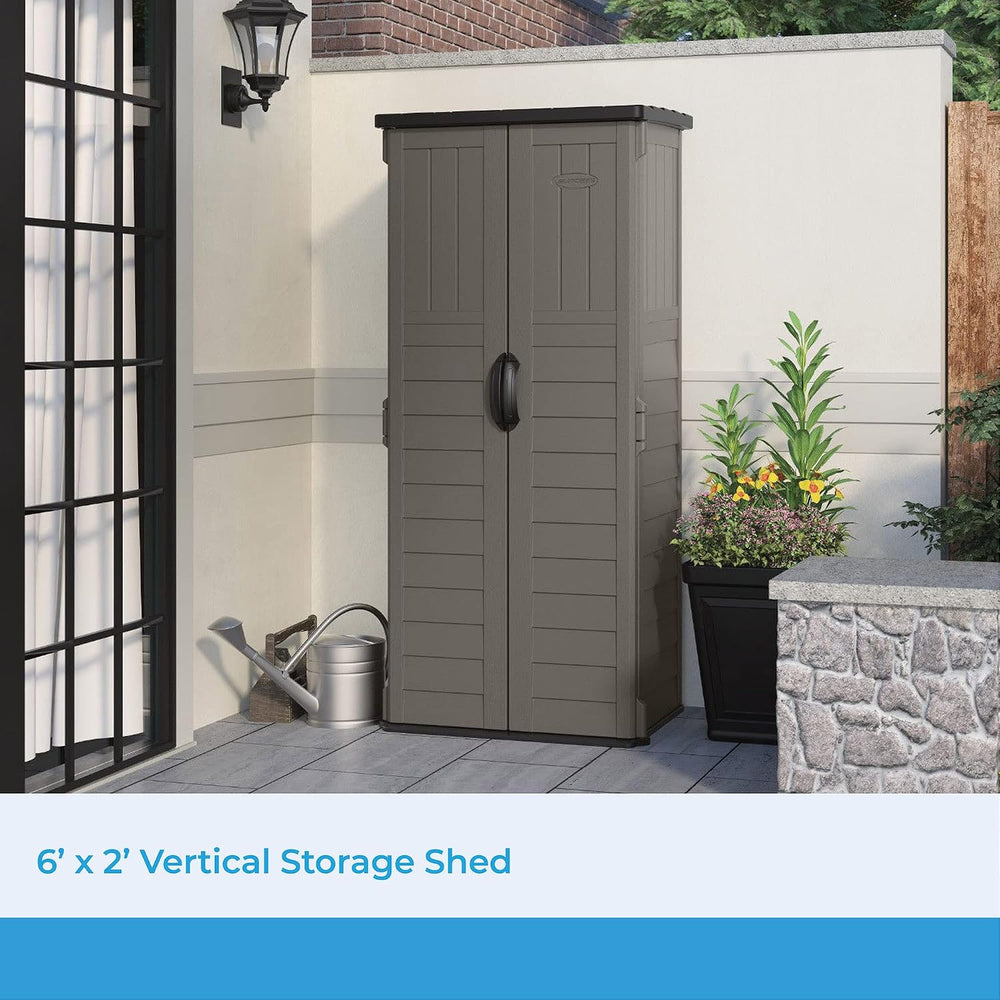 Suncast 22 Cu Ft, Vertical Storage Shed, Pad-Lockable Double Doors, Stoney