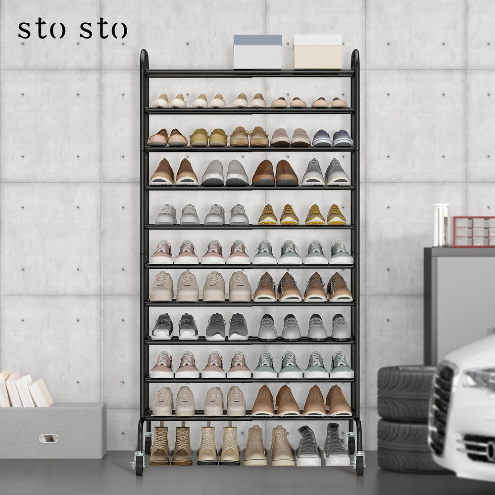 STO STO 10-Tier Expandable Tall Shoe Rack for Garage, 44 Pairs, Black