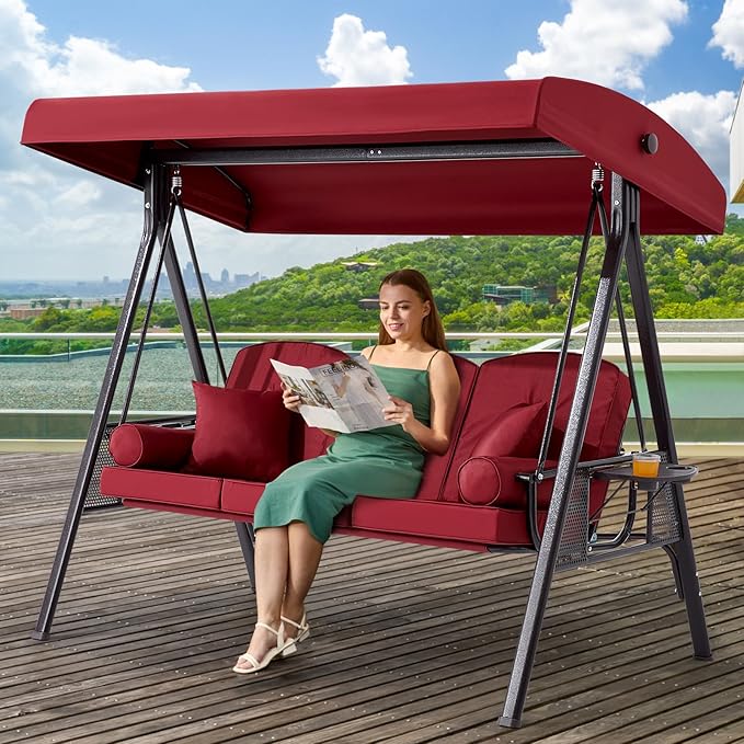 3 in 1 Outdoor Porch Swing with Adjustable Canopy, 3 Seat Outdoor Swing for A...