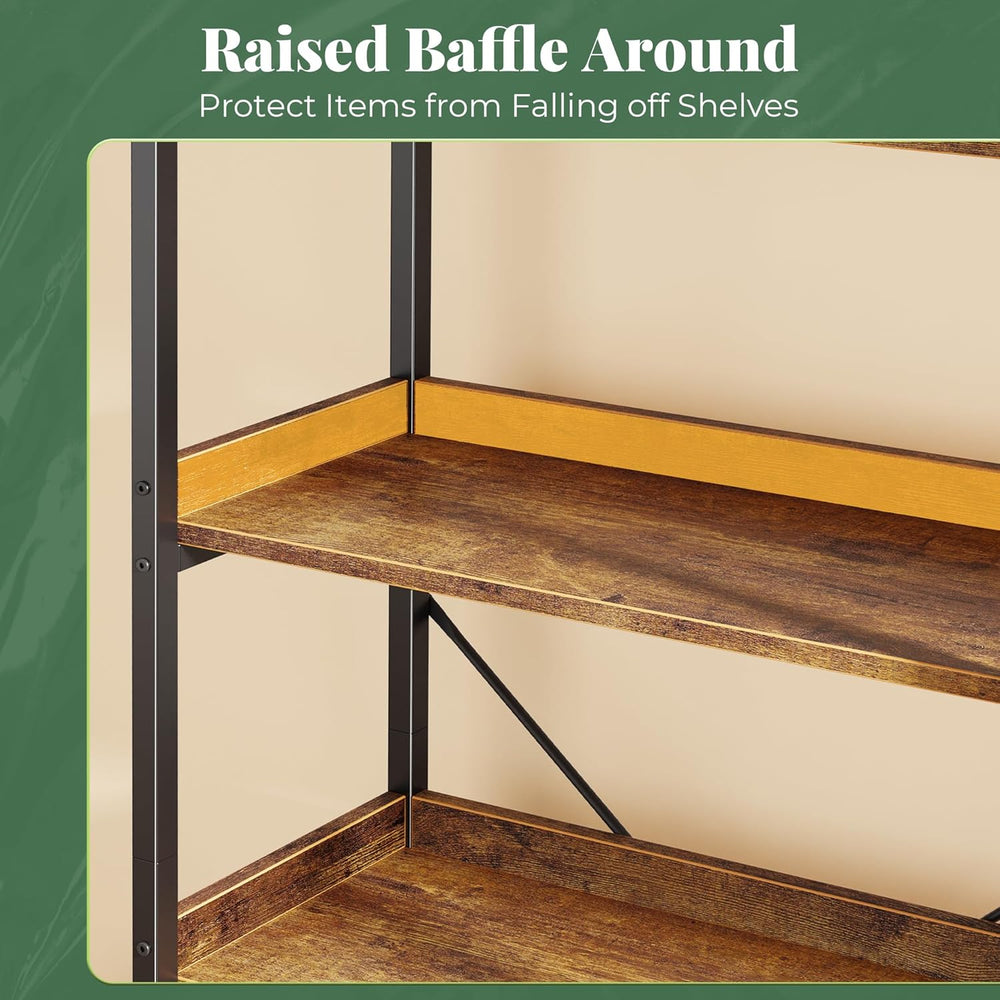 Huuger 5 Tier Bookshelf with 10 Open Shelves and Raised Baffle, Rustic Brown