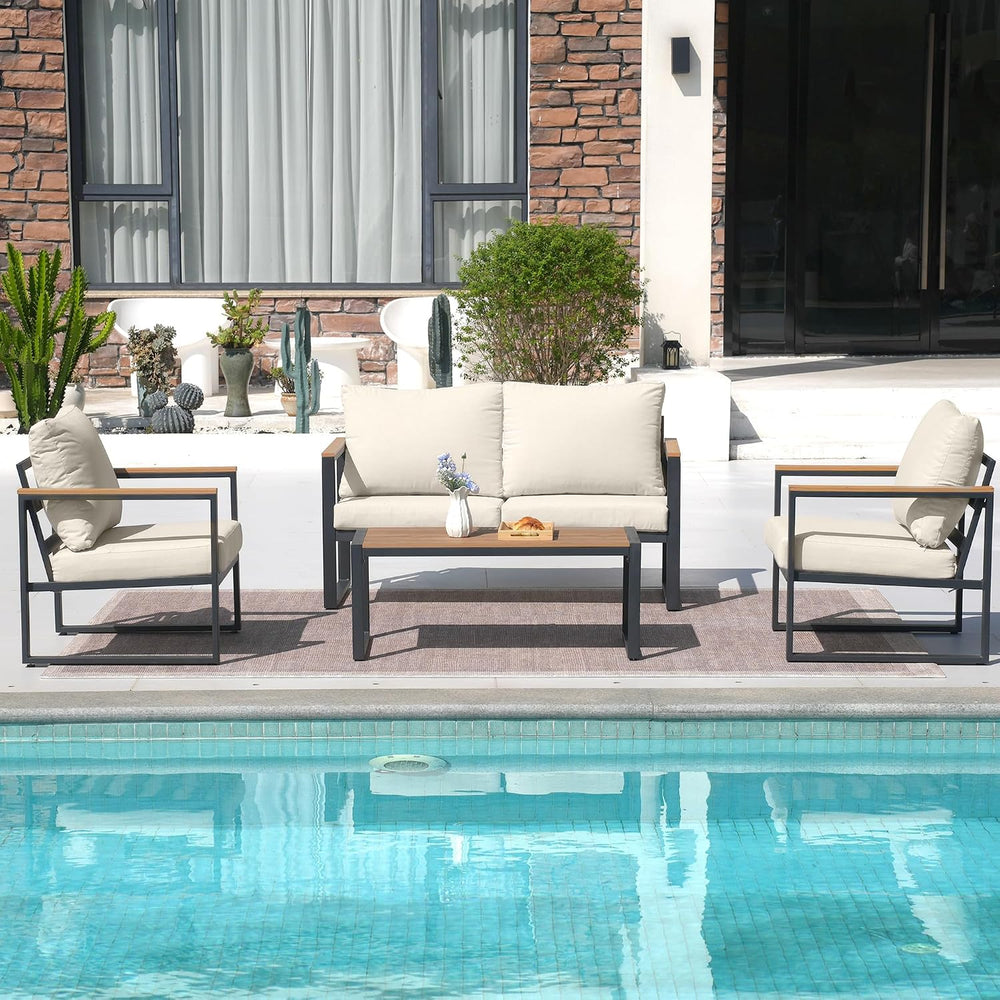 4 Pieces Metal Patio Furniture Set for Outdoor Balcony, Beige