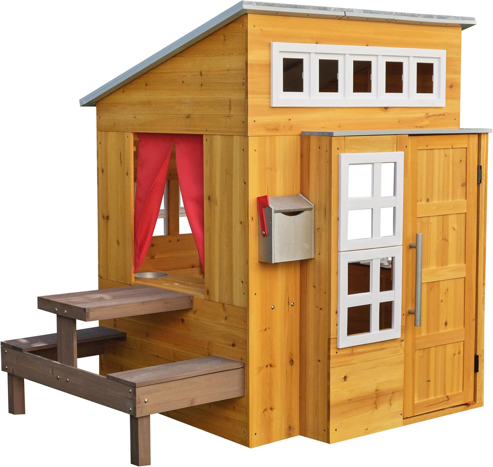 KidKraft Modern Outdoor Wooden Playhouse with Picnic Table, Mailbox and Outdo...