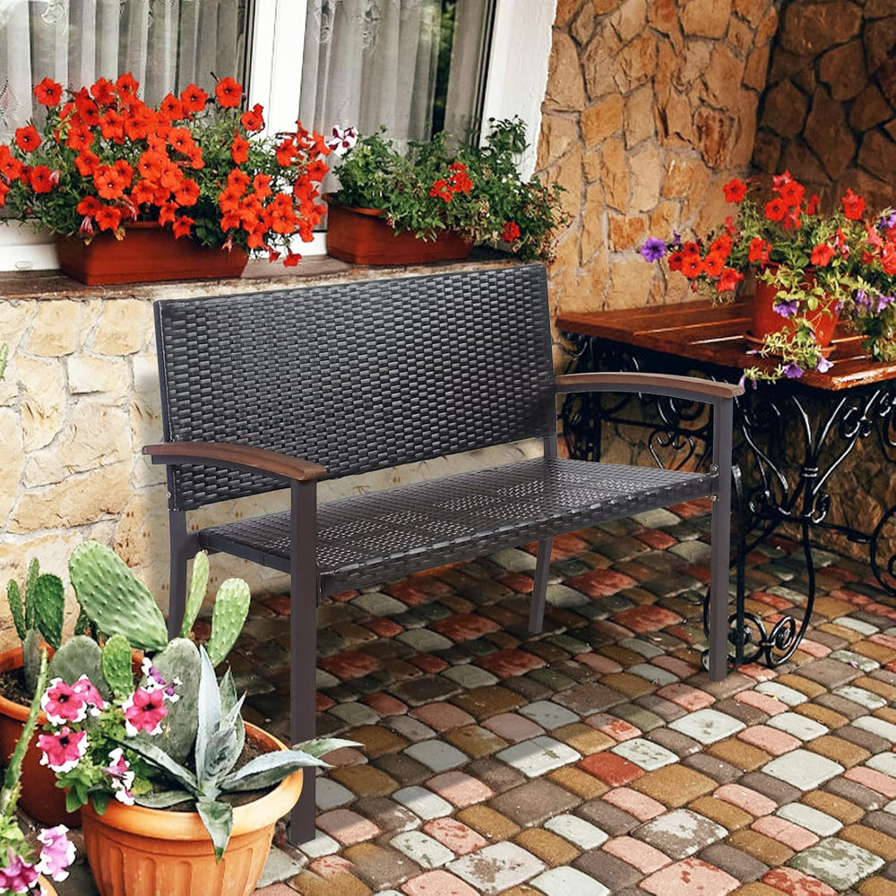 Tangkula Outdoor Stackable Bench, All-Weather PE Wicker Loveseat with Acacia ...