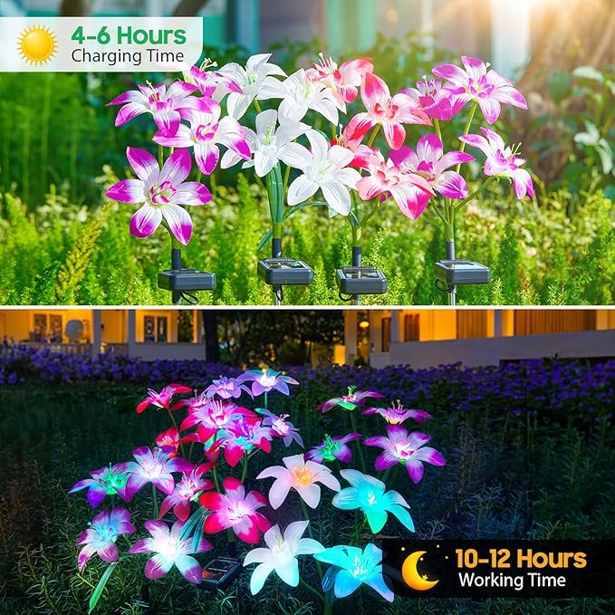 Solar Garden Lights Outdoor, 8 Pack Blooming Lily Solar Flowers Outdoor Water...