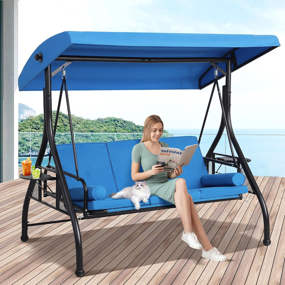 3 Seat Outdoor Patio Swing with Stand, 3-in-1 Porch Swing with Adjustable Can...