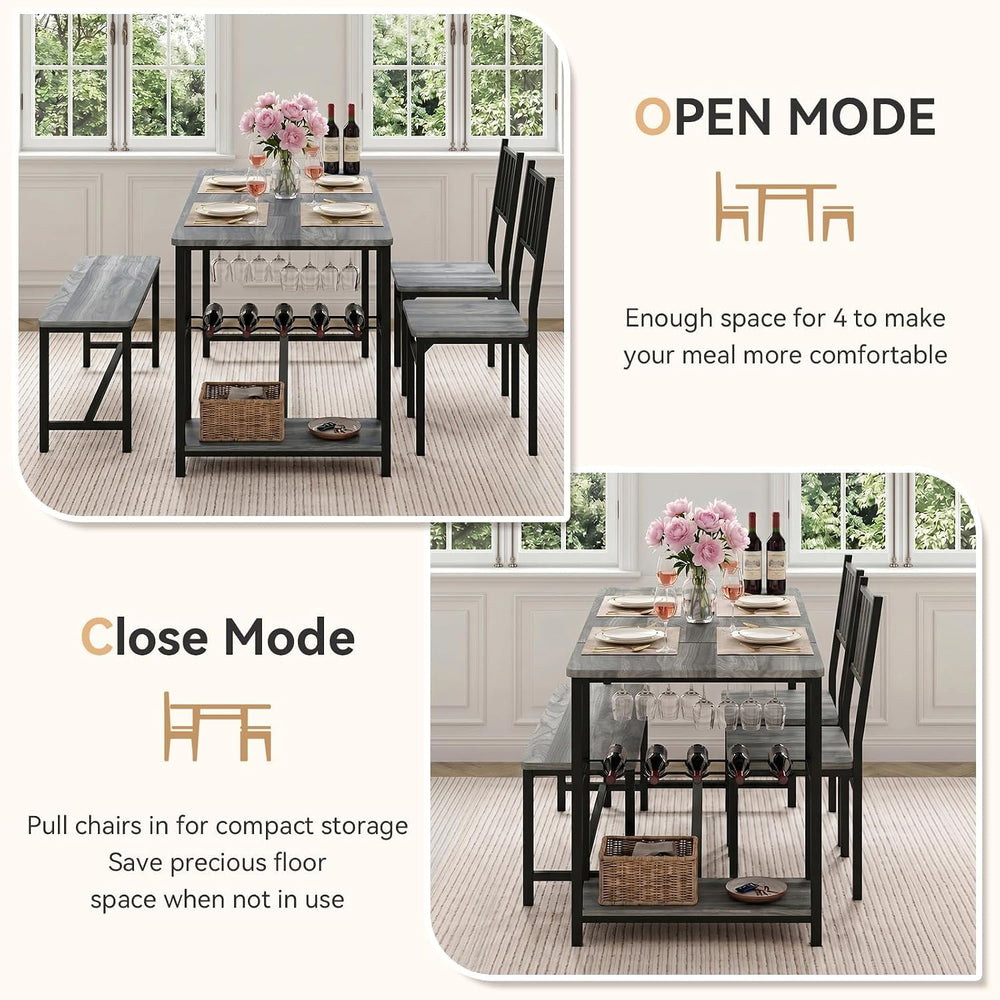4 EVER WINNER 55-Inch Dining Table Set for 4 with Bench, Wine Rack, Grey