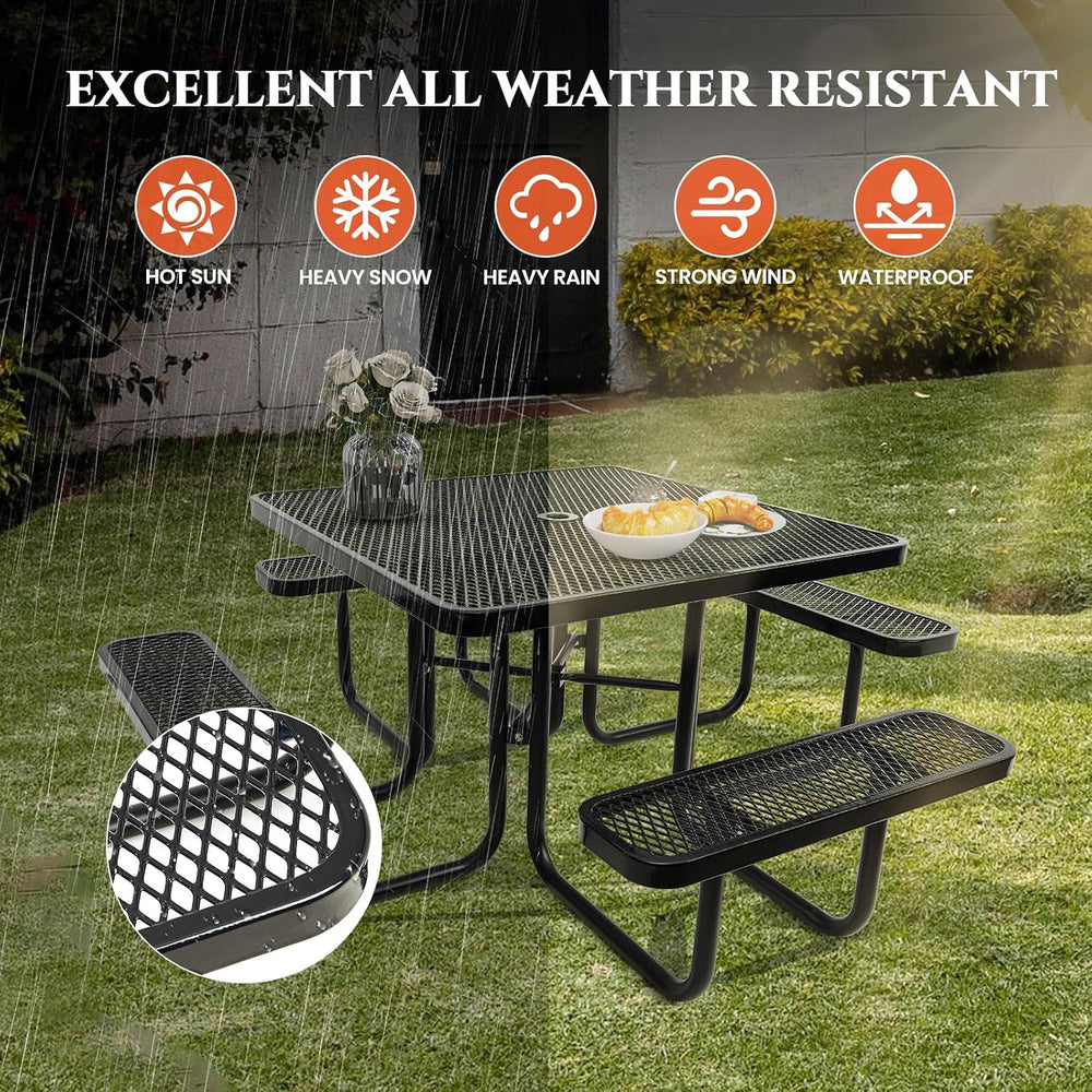 46" Square Top Outdoor Picnic Table Set for Up to 8 Persons, Outside Tab...