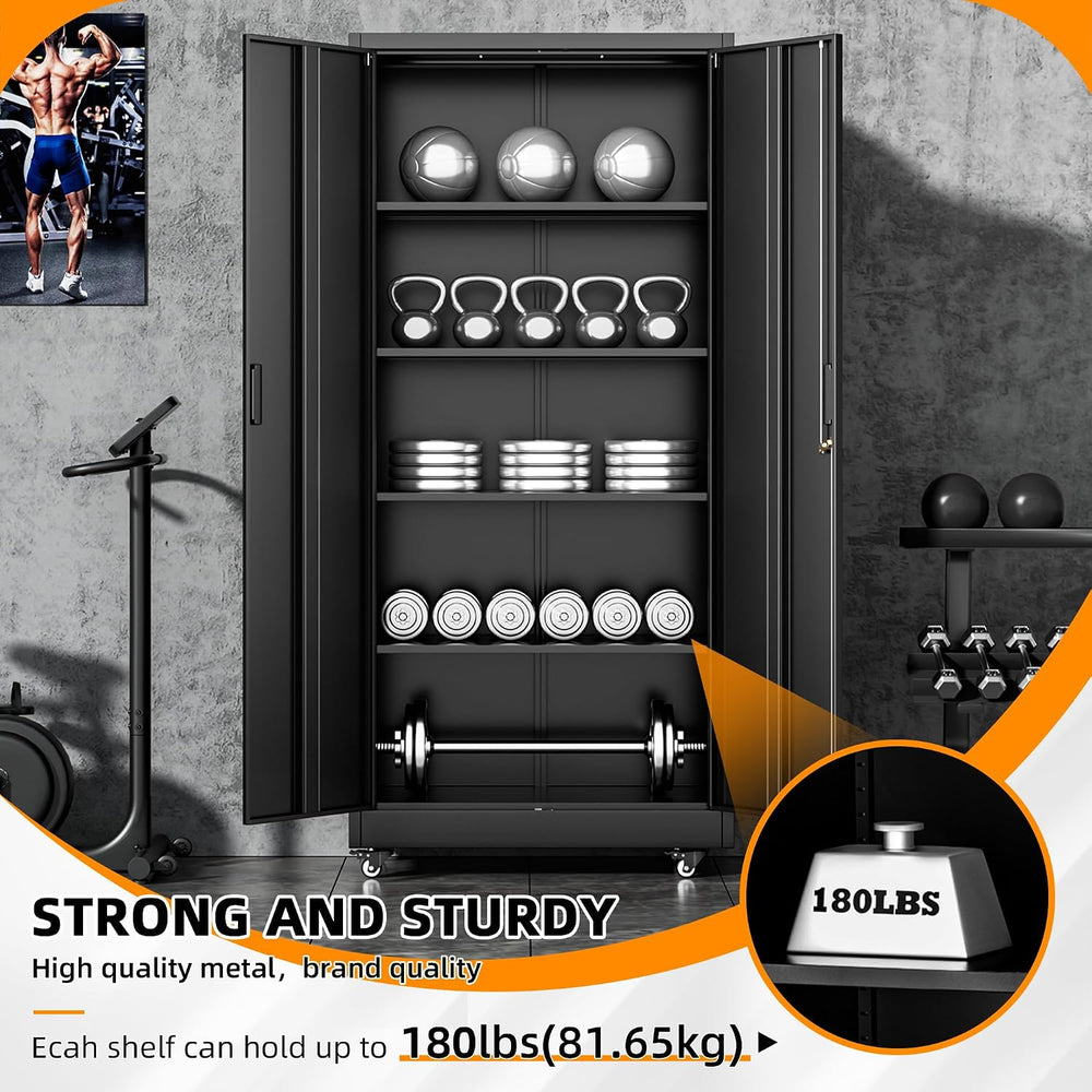 Garage Cabinets with Wheels, 73" H Metal Locking Cabinet with 2 Doors an...