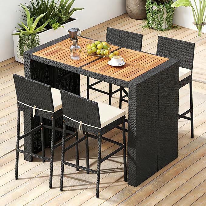 COSTWAY 5 Piece Patio Bar Set, Outdoor Rattan Wicker Bar Table and 30'