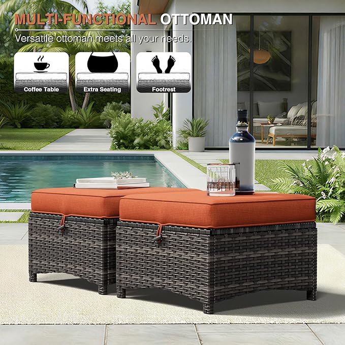 Joyside Outdoor Ottoman Set of 2, Patio Large Ottoman Foot Rest with Thickene...
