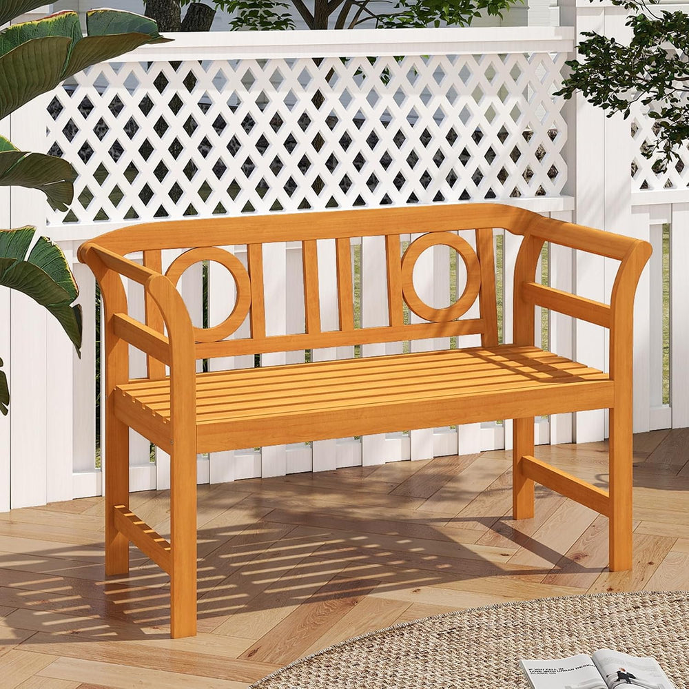 Tangkula Acacia Wood Outdoor Bench, 2-Person Garden Bench, Circle Backrest