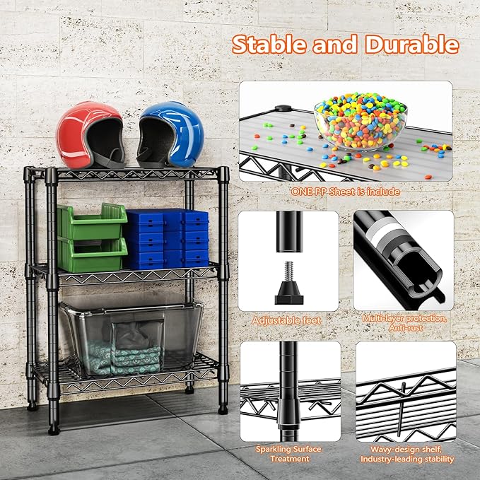 750 lbs 3 Tier Shelf Metal Storage Shelves Wire Rack Closet Organizers with P...
