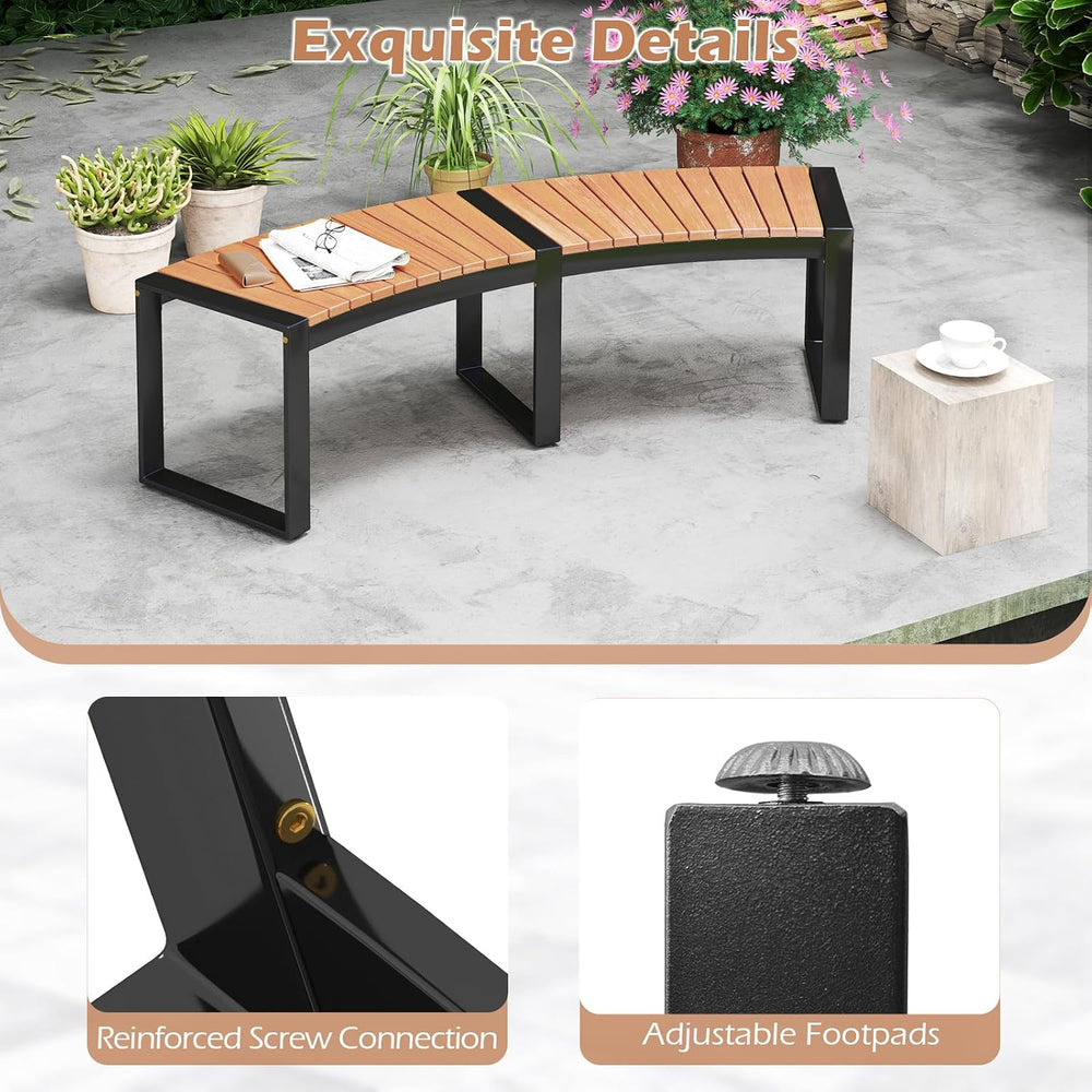 Tangkula Acacia Wood Metal Curved Bench, Fire Pit Patio Bench for 2, 2 Pack