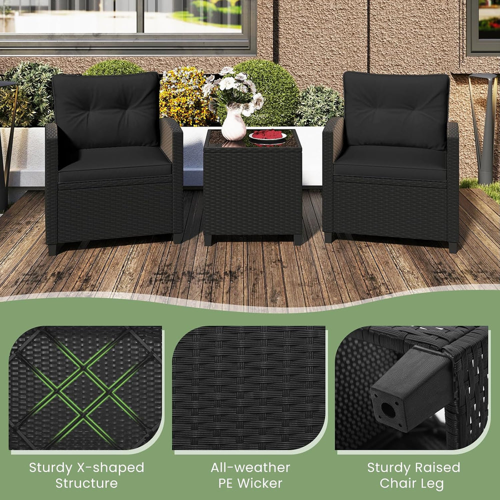 ORALNER 3 Pieces Patio Furniture Set, Black Wicker Bistro Set (Black)