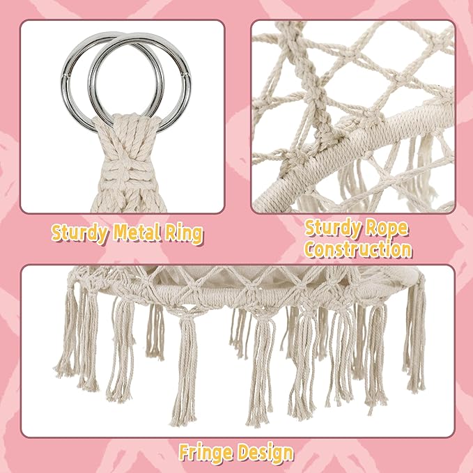 Macrame Hammock Hanging Swinging Chair with Medium Cushion, Perfect for Bedro...