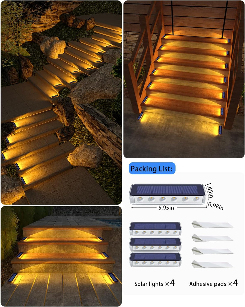 DetarZinLED Solar Step Lights Outdoor IP68 Waterproof 4 Pack Warm White
