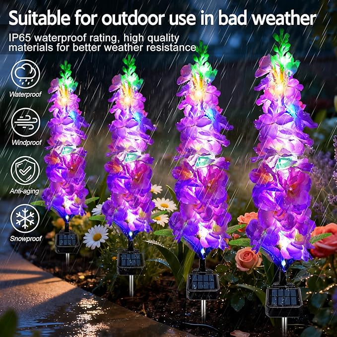 Solar Garden Lights, Solar Purple Delphinium Flowers Lights 4 Pack 80 LEDs, W...