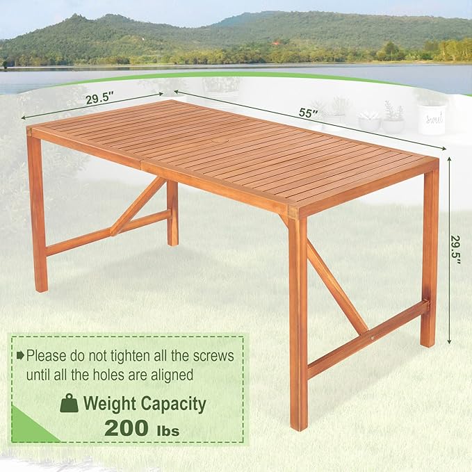 Tangkula 55" Acacia Wood Outdoor Dining Table for 4-6 Person, Rectangula...